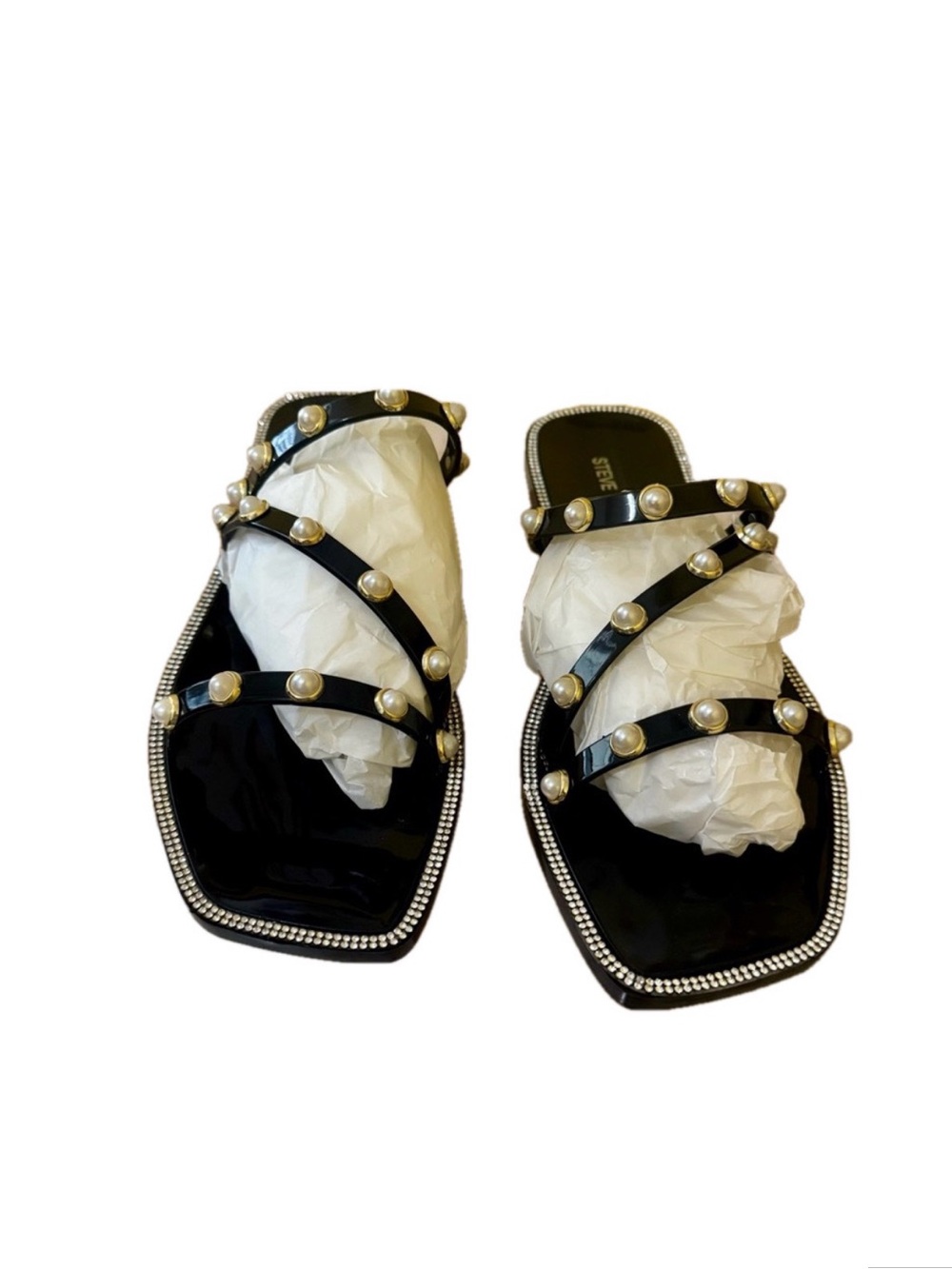 Steve Madden Black Pearl-Embellished Strappy Slide Sandals (SOLD)